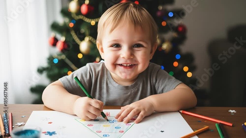 A fair-haired boy at a table draws a Christmas tree, looks into the camera, and smiles. A Christmas tree stands in the background.