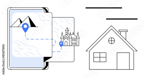 Smartphone with map interface, destination markers for mountains and a landmark, connected to a house sketch. Ideal for travel, navigation, tourism, journey planning, home location, exploration