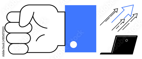 Business success, leadership, motivation, growth strategy, technology, performance improvement. A clenched fist, laptop and upward arrows power and progress. Business success and leadership concept