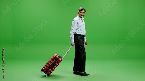 Businessman Walking with Suitcase on Green Screen.