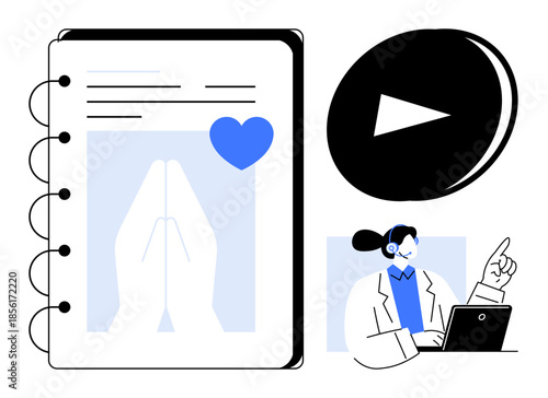 Education, spirituality, online tutorials, virtual connection, remote teaching, guidance. Notebook with prayer icon and a heart, person pointing at laptop play button. Education and spirituality