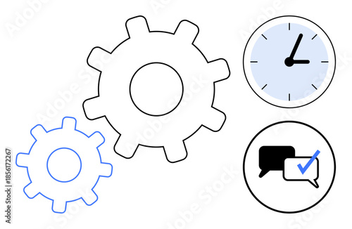 Gears depict teamwork and process, clock represents time management, speech bubble with checklist portrays communication and task execution. Ideal for workflow, productivity, teamwork, planning