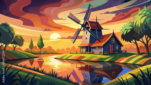 Very beautiful sunset landscape featuring a traditional Dutch windmill beside a calm canal, warm sky colors reflecting on water, and a tranquil rural atmosphere in the Netherlands.