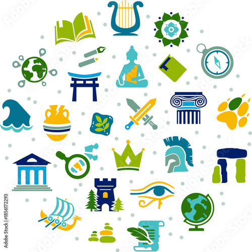 history vector illustration. Colourful concept with icons related to history or archaeology - icons from various historical eras, cultures & world regions - history as subject in school and education.