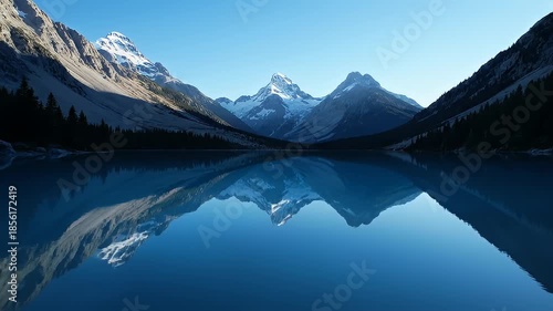 Serene Mountain Lake Reflection Landscape Scene.