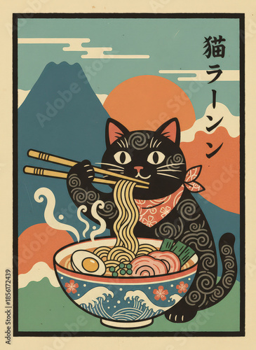 black cat eating ramen with chopsticks