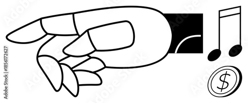 Innovation, fintech, artificial intelligence, smart devices, music technology, and robotics. Robotic hand with music notes and dollar coin. Innovation and fintech concepts
