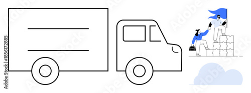 Logistics, teamwork, transportation, collaboration, delivery, mutual support. Minimalist truck on the left with two figures assisting each other on stacked boxes. Logistics and teamwork concept