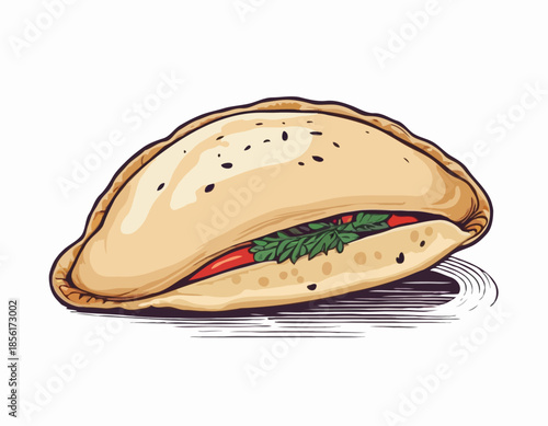 Detailed Woodcut Illustration of a Savory Empanada Pastry on White Backdrop
