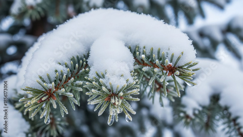 Snow on a fir tree branch, close-up