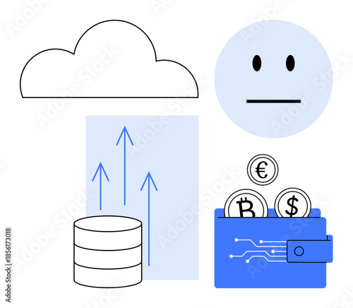 Digital currency, cloud storage, economic trends, data transfer, fintech, blockchain. Flat icons including cloud, database coins and wallet. Digital currency and cloud storage concepts