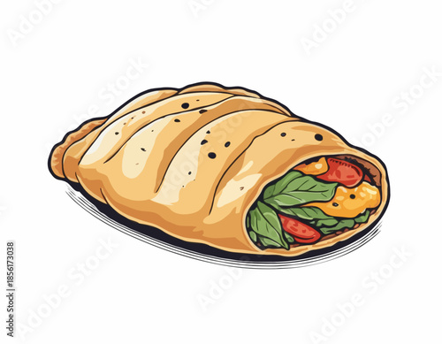 Detailed Woodcut Illustration of a Savory Empanada Pastry on White Backdrop
