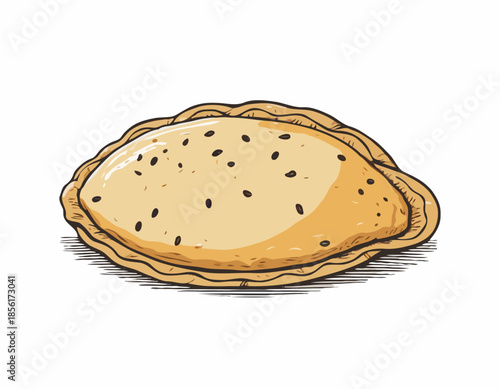 Detailed Woodcut Illustration of a Savory Empanada Pastry on White Backdrop
