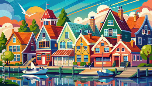 Very beautiful colorful waterfront houses in Volendam, a traditional Dutch fishing town, featuring vibrant facades, calm harbor waters, and charming maritime character in North Holland.