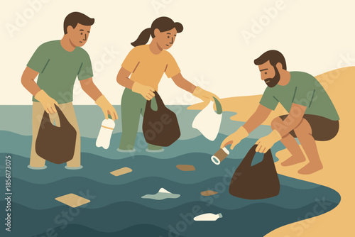 Blue ocean no cleanup vector labels punctuation volunteers warm brown cohesive icon