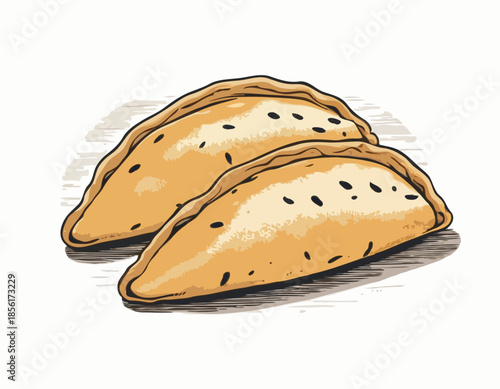 Detailed Woodcut Illustration of a Savory Empanada Pastry on White Backdrop
