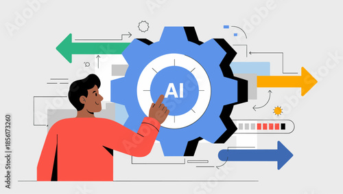 man activating an ai-powered gear, automated workflow, process optimization, and intelligent business automation