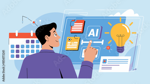 man interacting with an ai dashboard to anticipate future tasks and deadlines, predictive planning and intelligent automation