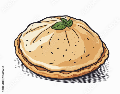 Detailed Woodcut Illustration of a Savory Empanada Pastry on White Backdrop
