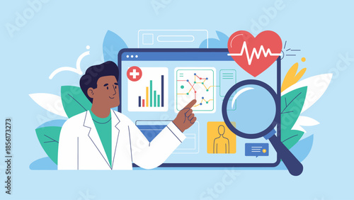 doctor analyzing a patient's health data on a digital dashboard