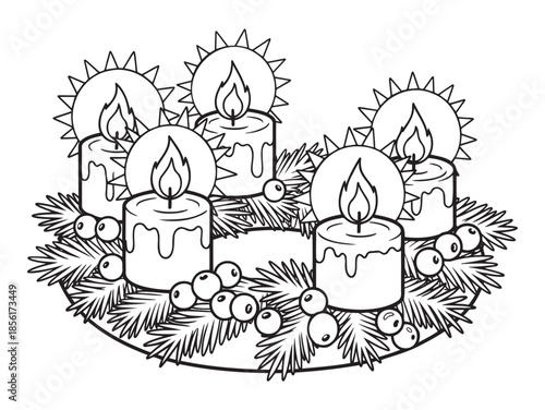 Advent wreath with five burning candles and pine branches — ideal for kids coloring pages, Christmas traditions, holiday crafts and seasonal education content.