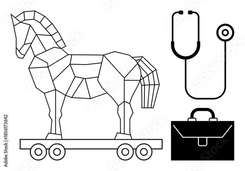 Cybersecurity, medical safety, data protection, healthcare threats, digital security, malware. Geometric Trojan horse, stethoscope briefcase. Cybersecurity and medical safety theme visualization