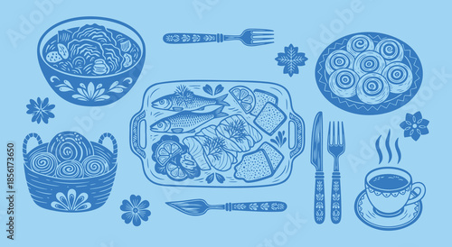 Scandinavian-style table setting with fish, bread, pastries and coffee — ideal for Nordic cuisine, minimalist dining, healthy meals and cultural food content.