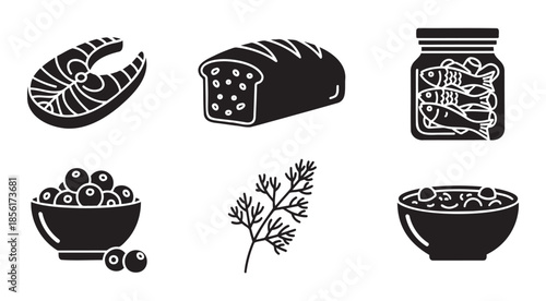 Scandinavian food icons set with salmon, rye bread, pickled herring, berries, herbs and soup — ideal for Nordic cuisine, healthy eating, menu design and cultural food content.