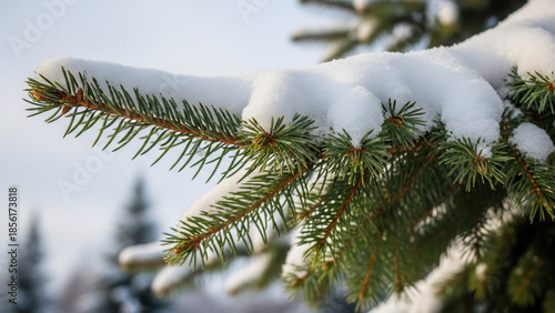 snow covered fir tree, snow on a fir tree branch, close-up
