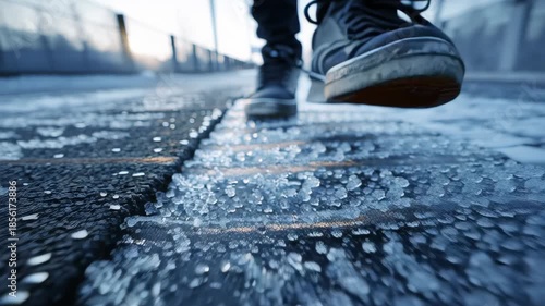 Close up of a person stepping on an icy sidewalk showing slippery winter conditions pedestrian danger and urban safety risk