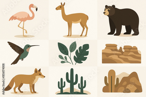 Bolivian wildlife and landscape vector icons