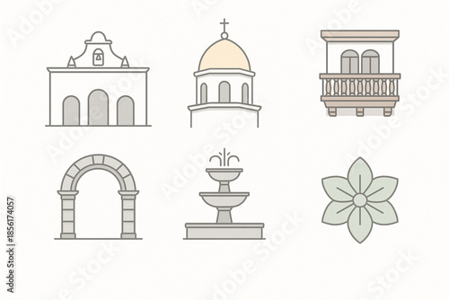 Sucre colonial architecture thin line vector icons