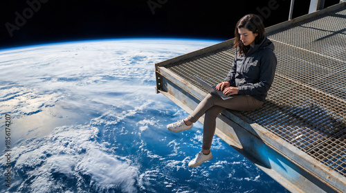 Woman working on a laptop while sitting above Earth in outer space