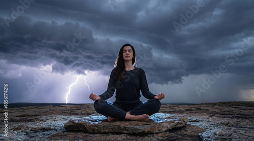 Woman meditating calmly under a stormy sky with lightning in the background