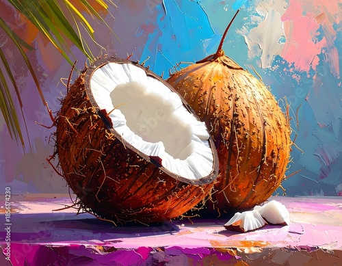A vibrant painting showcasing a halved coconut revealing white flesh, nestled beside an intact one with a few coconut pieces