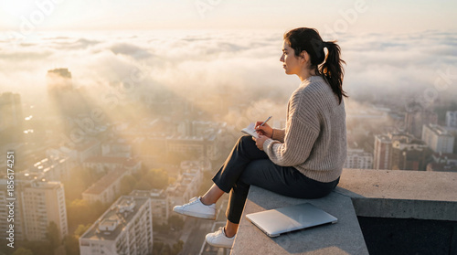 Woman reflecting at sunrise while writing notes above the city clouds