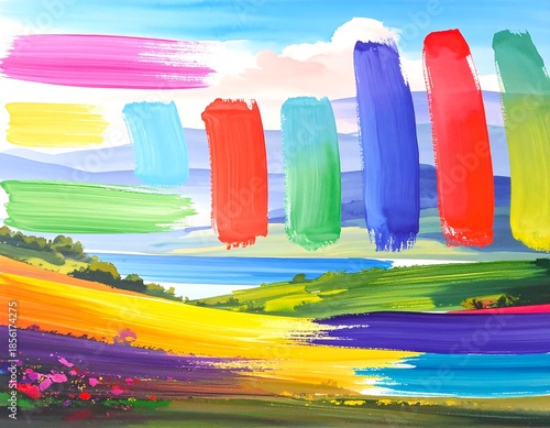 A vibrant painting showcasing colorful brushstrokes over a scenic landscape. The strokes display multiple hues, emphasizing a palette of bright shades