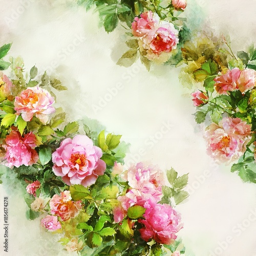 Botanical floral pattern featuring pink camellia flowers, green leaves, watercolor painting style with ivory paper background design.