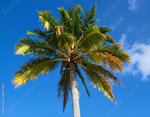 A vibrant palm tree stands tall against a brilliant blue sky with wisps of white clouds, evoking tropical vibes