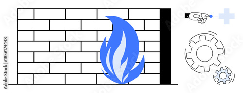 Cybersecurity, data protection, network security, online safety, technology maintenance, digital defense. Blue flame on a firewall, with gear and hand pointing to a plus sign. Cybersecurity and data