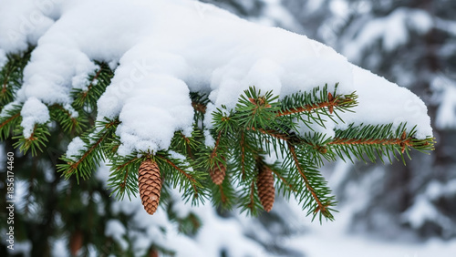 snow covered pine tree, snow on a fir tree branch, close-up