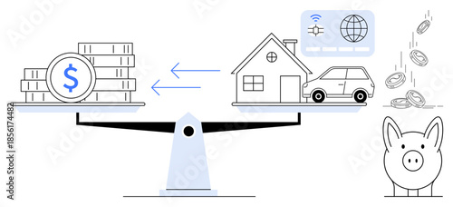 Budgeting, investments, financial planning, asset management, economic balance, monetary savings. Scale showing money versus home and car, with arrows and piggy bank. Budgeting and investments