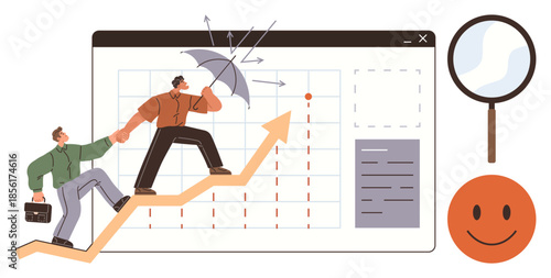 Two colleagues climb an upward graph with an umbrella protecting against challenges. Includes a magnifying glass, graph, and smiling face. Ideal for teamwork, growth, protection strategies, success