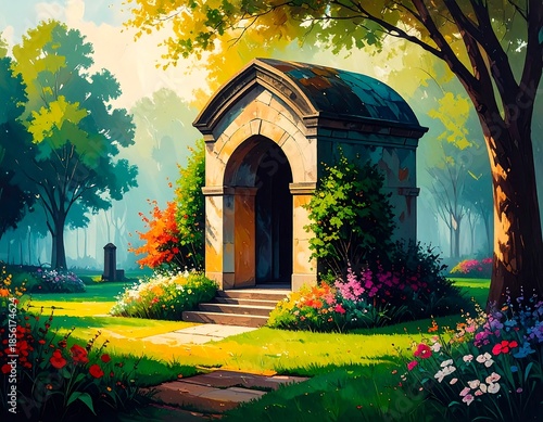 A vibrant park scene with a stone entrance. Flowers and trees surround, bathed in warm sunlight