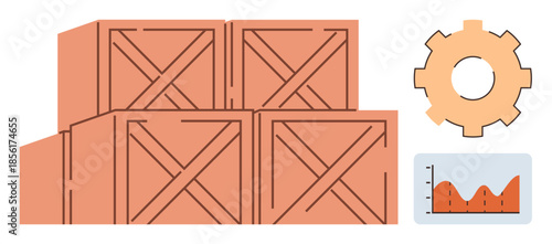 Stacked wooden crates beside gear and chart representing warehouse operations, organization, and supply management. Ideal for logistics, inventory, production, shipping, e-commerce, workflow