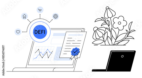 Decentralized finance, digital assets, blockchain technology, remote work, digital certification, sustainable practices. A laptop DEFI elements, graphs and certification. Decentralized finance