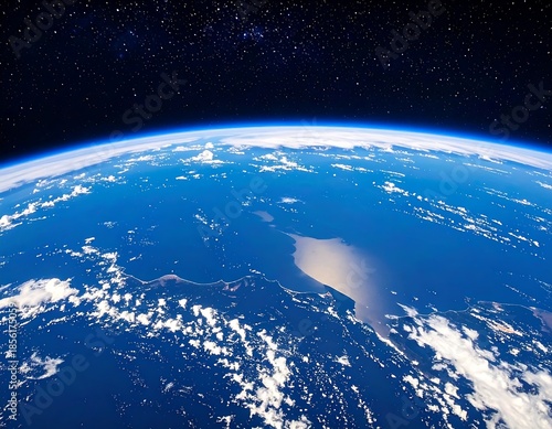 A vibrant photo depicts Earth from space, showcasing a bright blue ocean, fluffy clouds, and the dark cosmos filled with stars