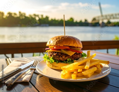 A vibrant photo features a juicy burger with fries on a plate. The scenic background depicts water and greenery, hinting at an outdoor setting
