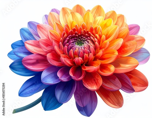 A vibrant, photorealistic flower with a gradient of rainbow colors from purple to red and yellow. The petals are open