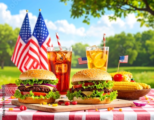 A vibrant picnic scene features burgers, drinks, and corn, with US flags in a bright outdoor setting